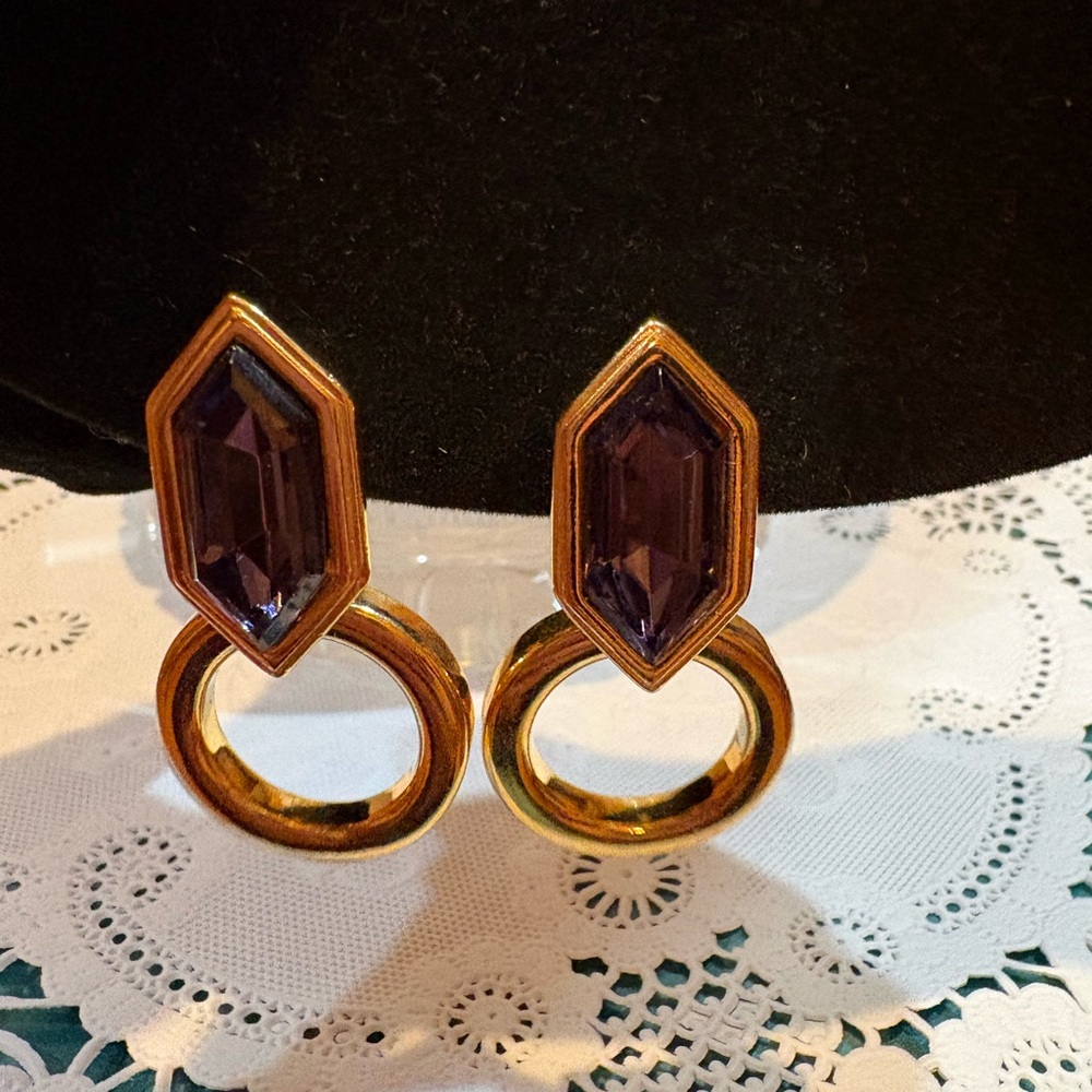 Vintage Yves Saint Laurent Swarovski Large Purple Crystal & Gold Hoop Earrings